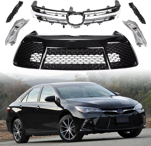 Front Bumper Upper & Lower Grille Assembly + Foglights + Bumper Support Brackets Fit For 2015 2016 2017 Toyota Camry SE Front Grille Daytime Running Lights Replace for 5311206280, 5310106421