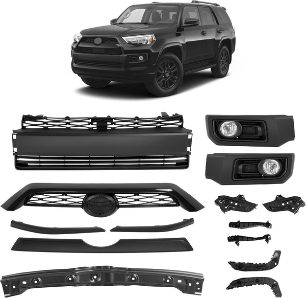 Body Kits Front Bumper  and Grille Combo Set Compatible with 2014-2020 Toyota 4Runner Limited Upper & Lower Grille Fog Light Assembly Molding Headlight Bracket Front Bumper Bracket Black